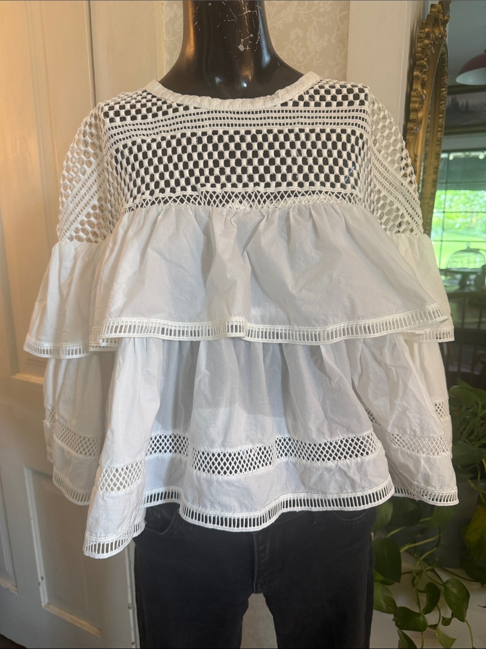 FT INC 100% Cotton Ruffled Tiered Eyelet Blouse Top XL